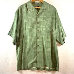 Mens Washable Silk Button Shirt Sz M Sage Green‎ Ethnic Tribal Resort Tiki Party